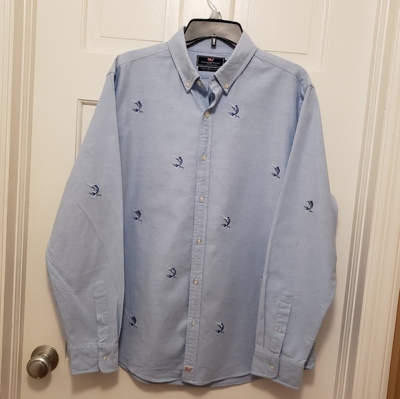 Vineyard Vines Marlin Embroidered Cotton Slim Fit Murray Shirt Size Large Preppy - Picture 1 of 5